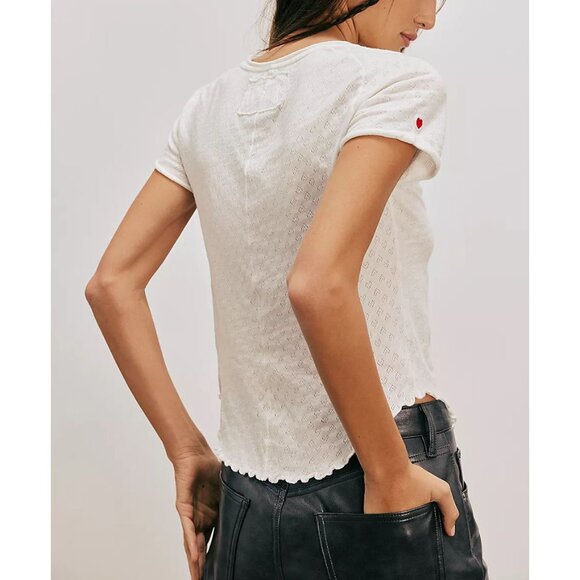 FREE PEOPLE We The Free Be My Baby Pointelle Short Sleeve Tee / Ivory - Picture 2 of 10